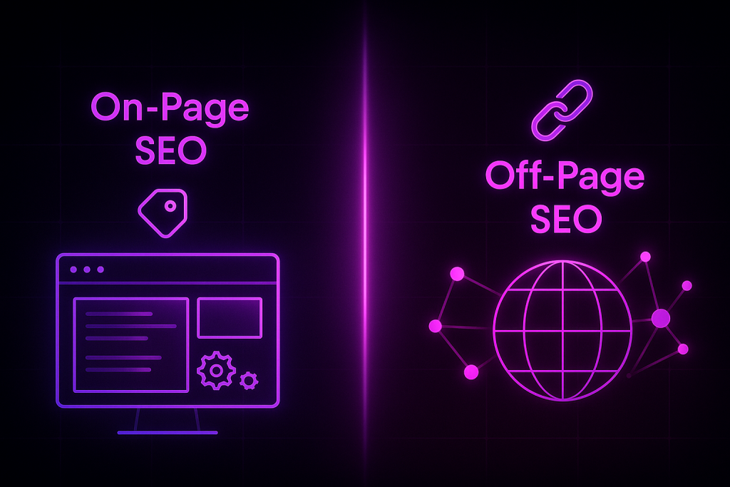 Futuristic split-screen illustration comparing On-Page SEO and Off-Page SEO with glowing icons, web page wireframe, and connected network nodes in purple and pink tones.