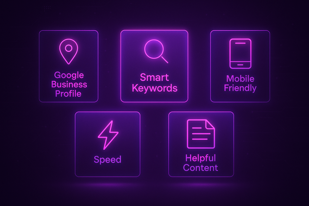 Futuristic dashboard-style illustration showing five glowing tiles labeled Google Business Profile, Smart Keywords, Mobile Friendly, Speed, and Helpful Content in neon purple and pink tones.