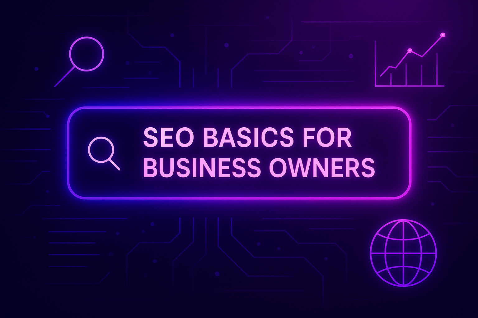 Dark futuristic illustration of a glowing search bar with the text “SEO Basics for Business Owners,” surrounded by neon icons and data lines in purple and pink tones.