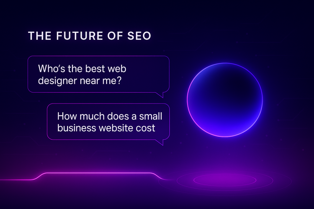 Futuristic neon illustration showing two glowing chat bubbles asking SEO-related questions beside a radiant AI orb, representing the shift from traditional search to intelligent answers.