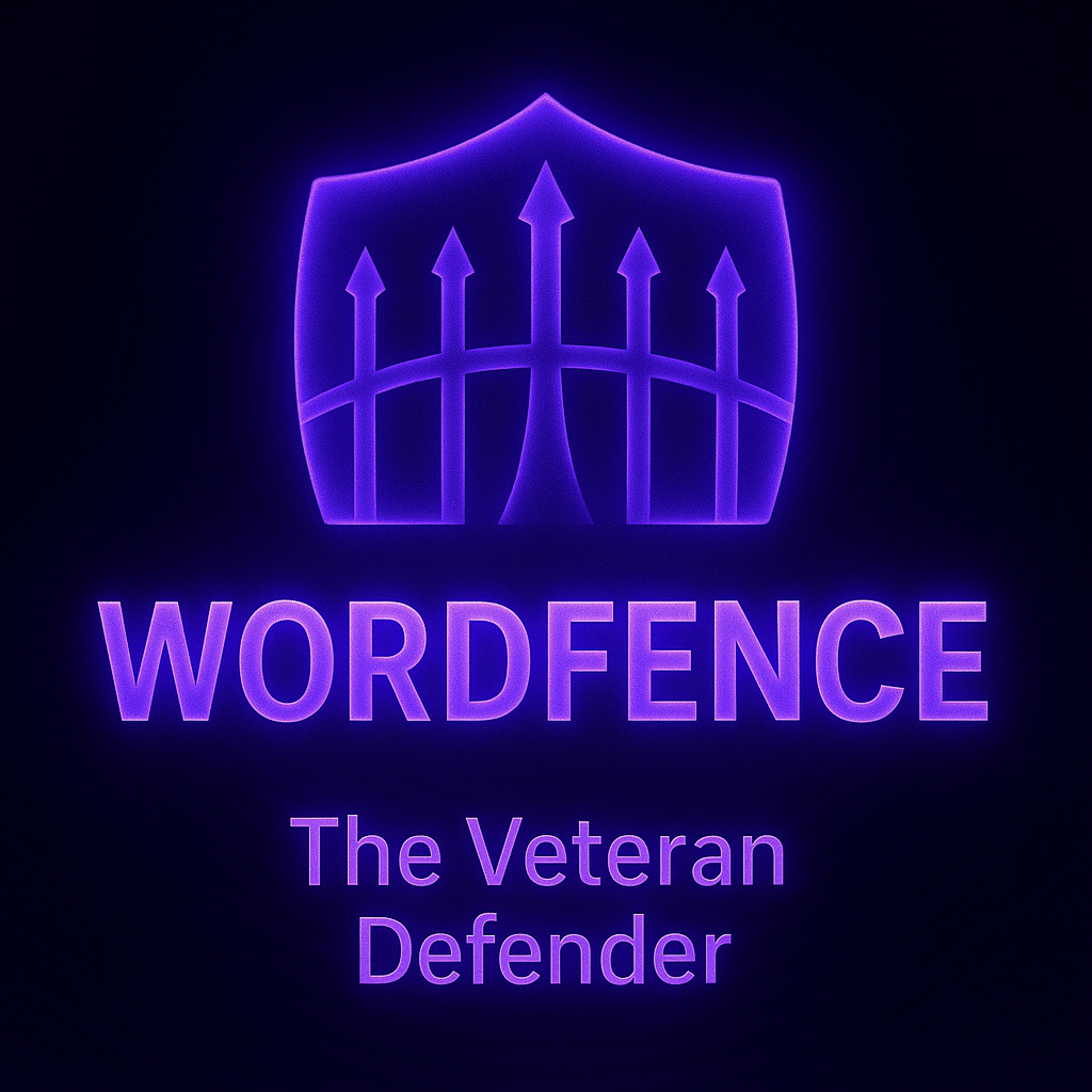 Futuristic glowing Wordfence shield logo with neon purple and pink tones, symbolizing reliable and time-tested WordPress website protection.