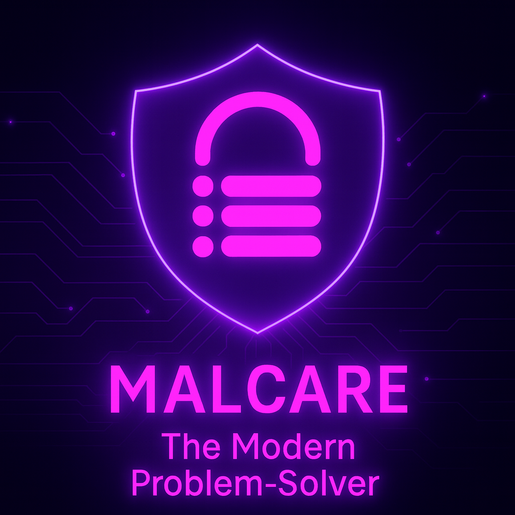 Futuristic glowing MalCare padlock logo inside a neon shield with circuit lines, representing advanced WordPress website protection and automated cleanup.